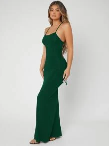 SHEIN SXY 熒光橙露背繫帶連衣裙 - 墨綠色 - 查看 5