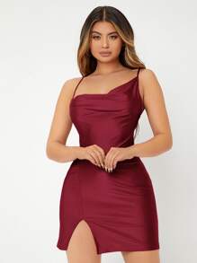 SHEIN SXY Backless Split Hem Dress Date Night Dress - Burgundy - View 1