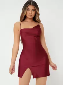 SHEIN SXY Backless Split Hem Dress Date Night Dress - Burgundy - View 4