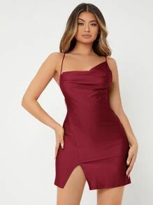 SHEIN SXY Backless Split Hem Dress Date Night Dress - Burgundy - View 6