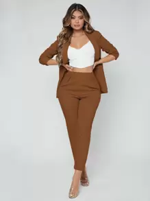SHEIN SXY Shawl Neck Open Front Blazer & Pants Suit In Fall/Winter - Coffee Brown - View 3