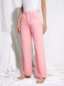 SHEIN Stone Wash Middle-Waisted Straight Jeans - Pink - View 3