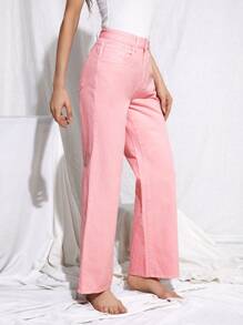 SHEIN Stone Wash Middle-Waisted Straight Jeans - Pink - View 1