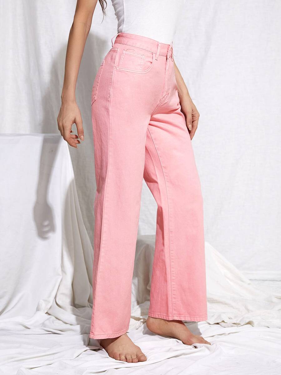 SHEIN Stone Wash Middle-Waisted Straight Jeans - Pink - View 1