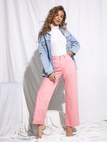 SHEIN Stone Wash Middle-Waisted Straight Jeans - Pink - View 4