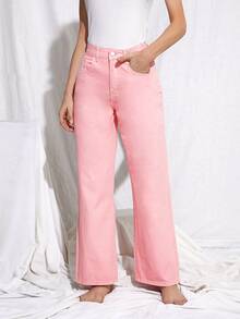 SHEIN Stone Wash Middle-Waisted Straight Jeans - Pink - View 5