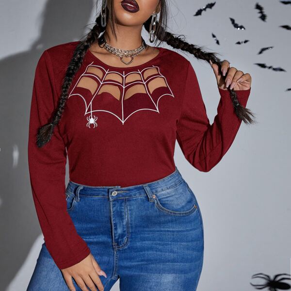 

Plus Spider Web Print Cut Out Front Tee, Burgundy