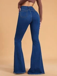 SHEIN Privé High Waist Raw Hem Flared Leg Jeans - Dark Wash - View 2