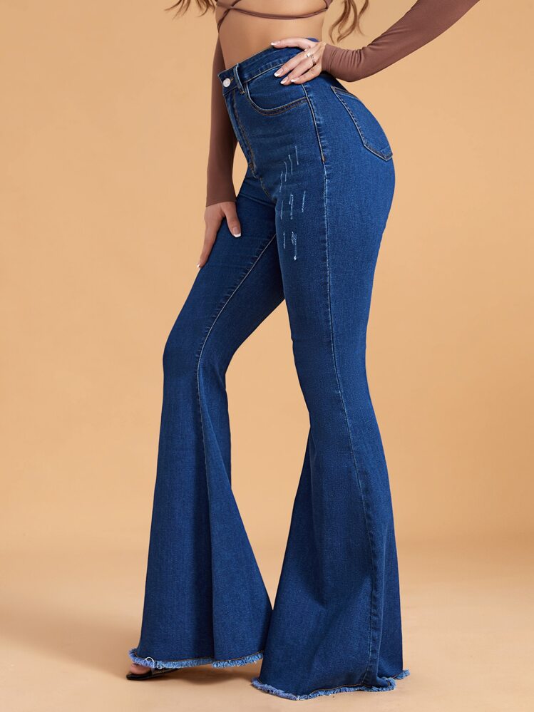 SHEIN Privé Jeans de talle alto bajo crudo de pierna amplia - Azul lavado oscuro - Añade 4