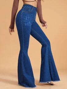 SHEIN Privé High Waist Raw Hem Flared Leg Jeans - Dark Wash - View 5