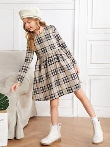 SHEIN Đầm Gái Sọc ca rô Sẵn sàng - Màu Khaki - Xem 1