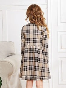 SHEIN Đầm Gái Sọc ca rô Sẵn sàng - Màu Khaki - Xem 2