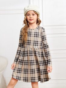 SHEIN Đầm Gái Sọc ca rô Sẵn sàng - Màu Khaki - Xem 3