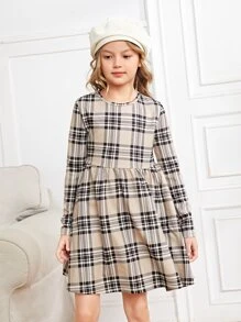 SHEIN Đầm Gái Sọc ca rô Sẵn sàng - Màu Khaki - Xem 4