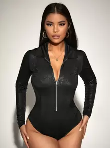 Body con estampado de patrón de piel de serpiente con cremallera PU - Negro - Ver 1