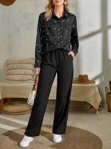 鳥印花襯衫和長褲 - 黑色 - 查看 1