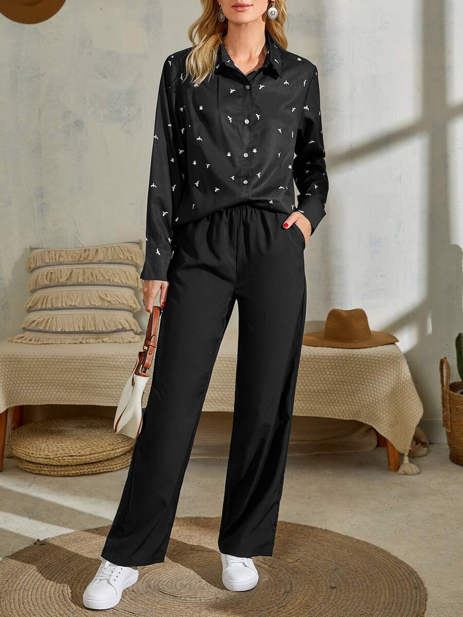 鳥印花襯衫和長褲 - 黑色 - 查看 1