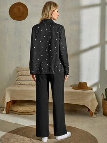 鳥印花襯衫和長褲 - 黑色 - 查看 2