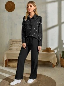 鳥印花襯衫和長褲 - 黑色 - 查看 3