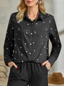 鳥印花襯衫和長褲 - 黑色 - 查看 4