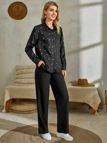 鳥印花襯衫和長褲 - 黑色 - 查看 5