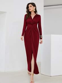 Modelyn Burgundy Red Solid Twist Front Longline Dress - Burgundy - View 1