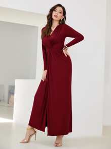 Modelyn Burgundy Red Solid Twist Front Longline Dress - Burgundy - View 3