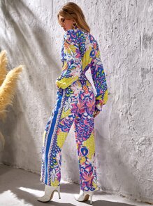 Floral & Fish Scales Print Shirred Jumpsuit - Multicolor - View 2