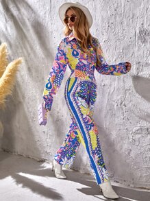 Floral & Fish Scales Print Shirred Jumpsuit - Multicolor - View 3
