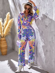 Floral & Fish Scales Print Shirred Jumpsuit - Multicolor - View 4