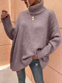 SHEIN LUNE High Neck Batwing Sleeve Jumper - Dusty Purple - View 1