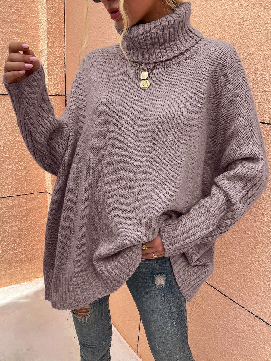 SHEIN LUNE High Neck Batwing Sleeve Jumper - Dusty Purple - View 1