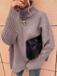 SHEIN LUNE High Neck Batwing Sleeve Jumper - Dusty Purple - View 3
