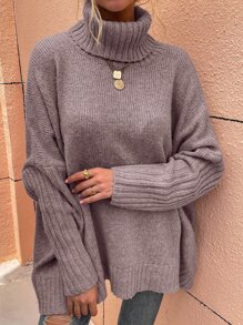 SHEIN LUNE High Neck Batwing Sleeve Jumper - Dusty Purple - View 4