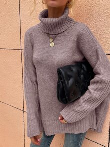 SHEIN LUNE High Neck Batwing Sleeve Jumper - Dusty Purple - View 5