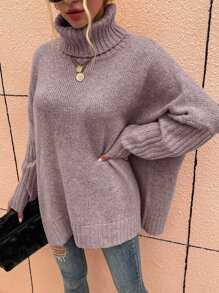 SHEIN LUNE High Neck Batwing Sleeve Jumper - Dusty Purple - View 6