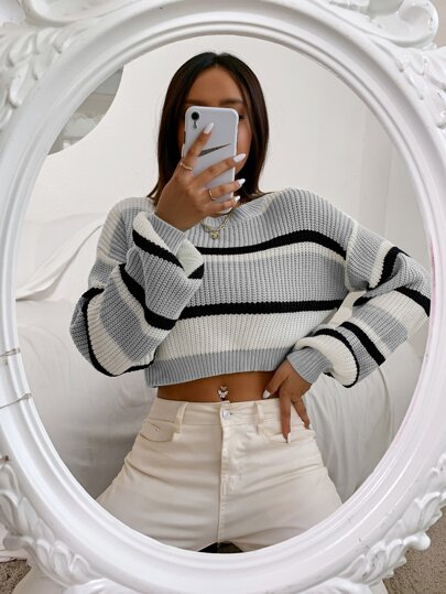 RueChic Color Block Drop Shoulder Sweater,Long Sleeve Tops Knit Pullover Fall Winter