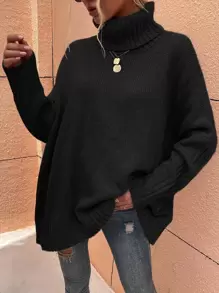 SHEIN LUNE High Neck Batwing Sleeve Jumper - Black - View 1