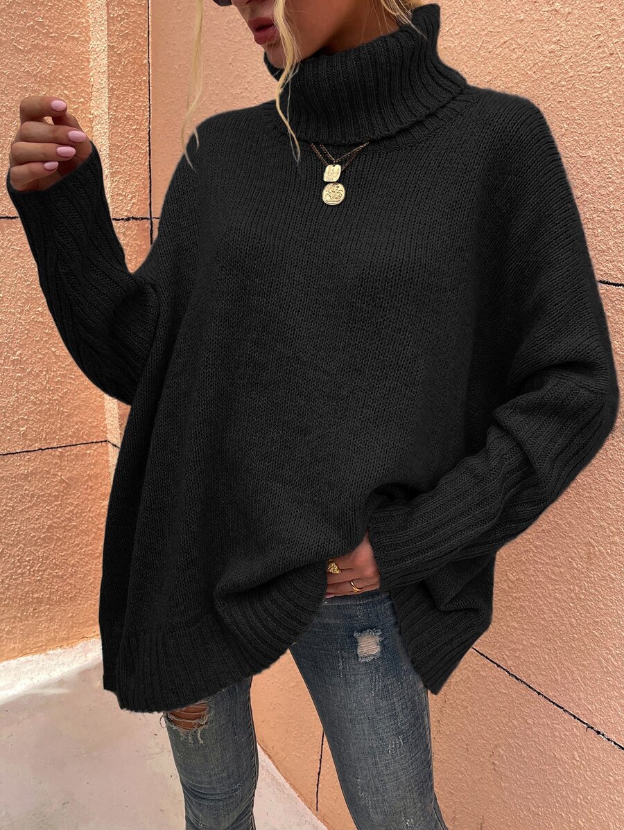 SHEIN LUNE High Neck Batwing Sleeve Jumper - Black - View 1
