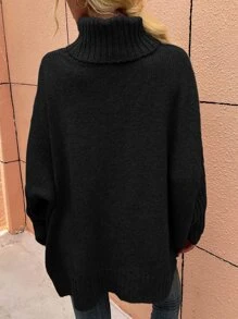 SHEIN LUNE High Neck Batwing Sleeve Jumper - Black - View 2