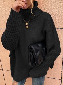 SHEIN LUNE High Neck Batwing Sleeve Jumper - Black - View 3