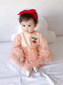 Peninsula Baby 嬰兒櫻桃貼花網紗拼接連身背心 - 珊瑚粉 - 查看 1