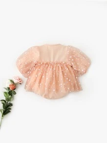 Peninsula Baby 嬰兒櫻桃貼花網紗拼接連身背心 - 珊瑚粉 - 查看 2