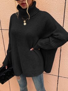 SHEIN LUNE High Neck Batwing Sleeve Jumper - Black - View 4