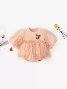 Peninsula Baby 嬰兒櫻桃貼花網紗拼接連身背心 - 珊瑚粉 - 查看 3