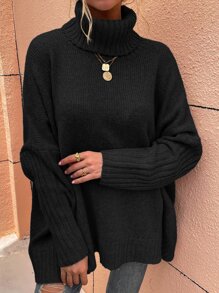 SHEIN LUNE High Neck Batwing Sleeve Jumper - Black - View 6