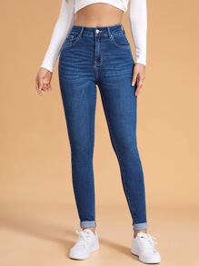 SHEIN Essnce Quần jean nữ Nút Túi Dây kéo màu trơn - Rửa trung bình - Xem 1