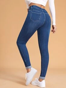 SHEIN Essnce Quần jean nữ Nút Túi Dây kéo màu trơn - Rửa trung bình - Xem 2