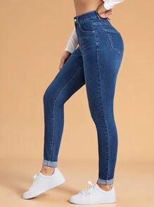 SHEIN Essnce Quần jean nữ Nút Túi Dây kéo màu trơn - Rửa trung bình - Xem 4