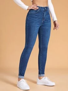 SHEIN Essnce Quần jean nữ Nút Túi Dây kéo màu trơn - Rửa trung bình - Xem 5